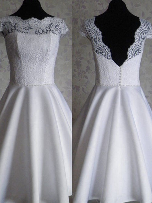 A-line Bateau Tea Length Satin Lace Wedding Dress
