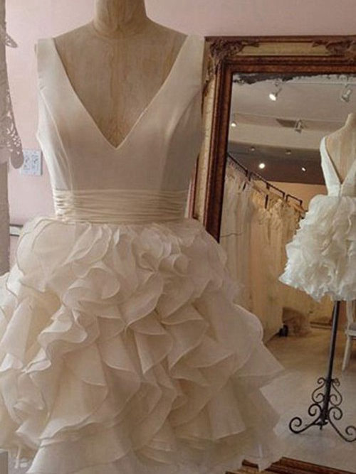 A-line V Neck Knee Length Chiffon Taffeta Wedding Dress