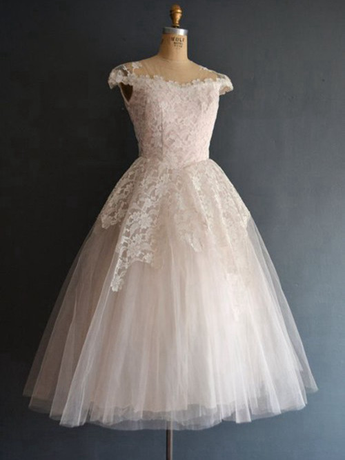 A-line Sheer Tea Length Lace Organza Bridal Wear