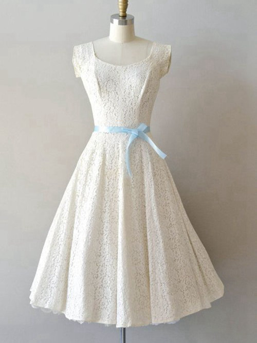A-line Square Tea Length Lace Wedding Dress