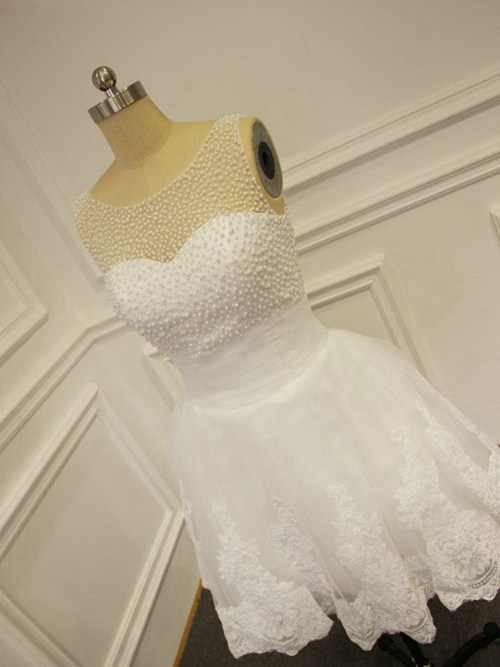 A-line Scoop Organza Beading Short Bridal Dress