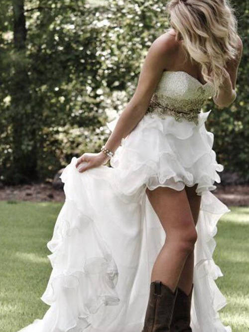A-line Sweetheart High Low Organza Sequins Bridal Dress