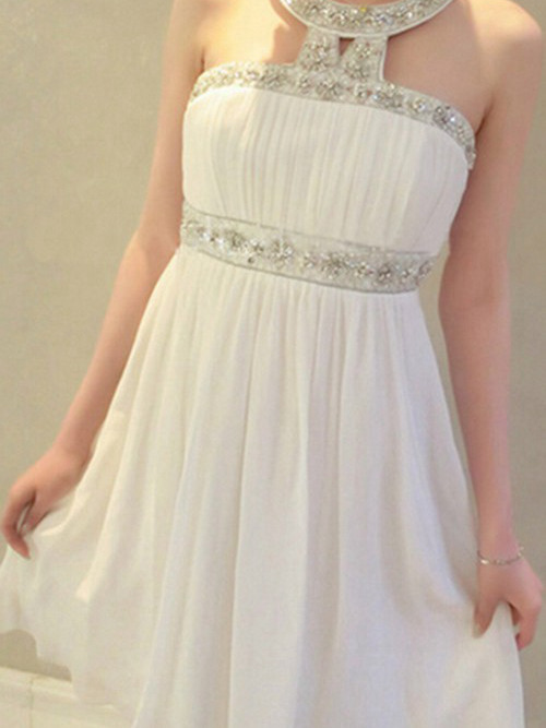 A-line Jewel Chiffon Knee Length Bridal Dress Beading