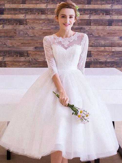 Ball Gown Scoop Tea Length Organza Bridal Dress
