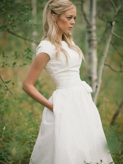 A-line Bateau Tea Length Chiffon Bridal Gown