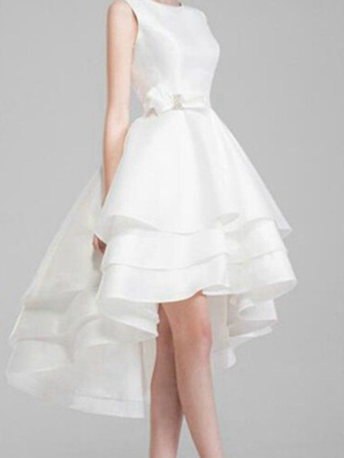 A-line Jewel High Low Satin Bridal Wear