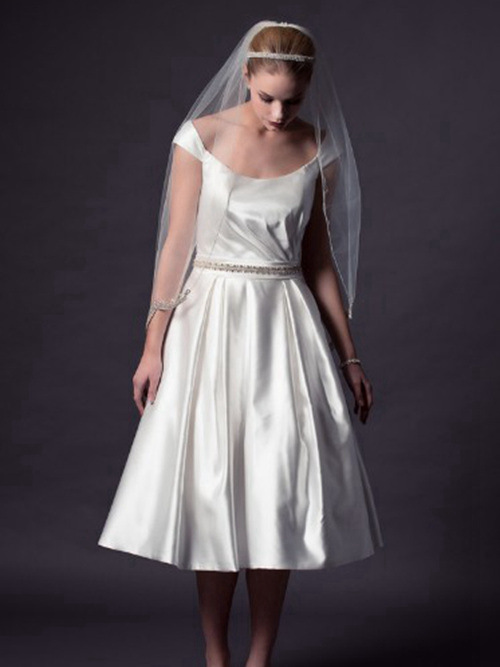 A-line Scoop Tea Length Satin Wedding Dress