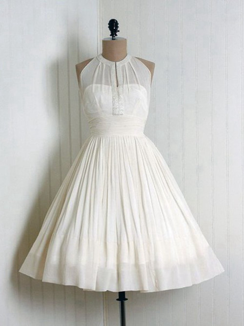 A-line Jewel Chiffon Tea Length Bridal Dress