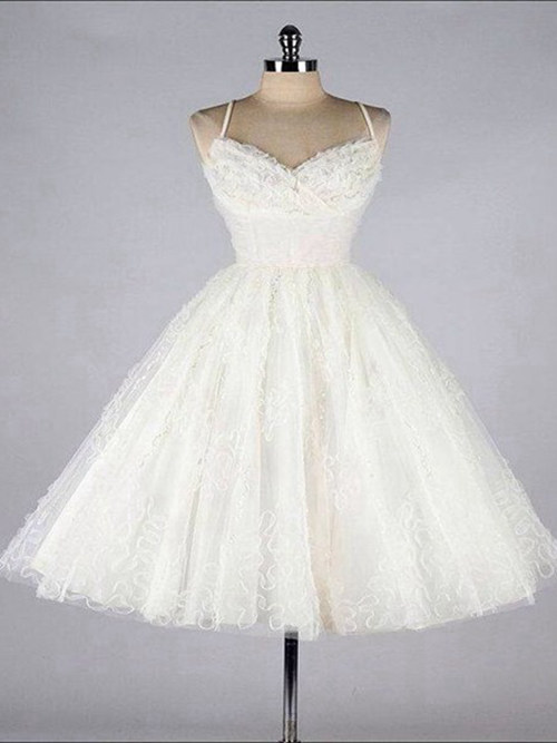 Princess Spaghetti Straps Organza Tea Length Bridal Dress