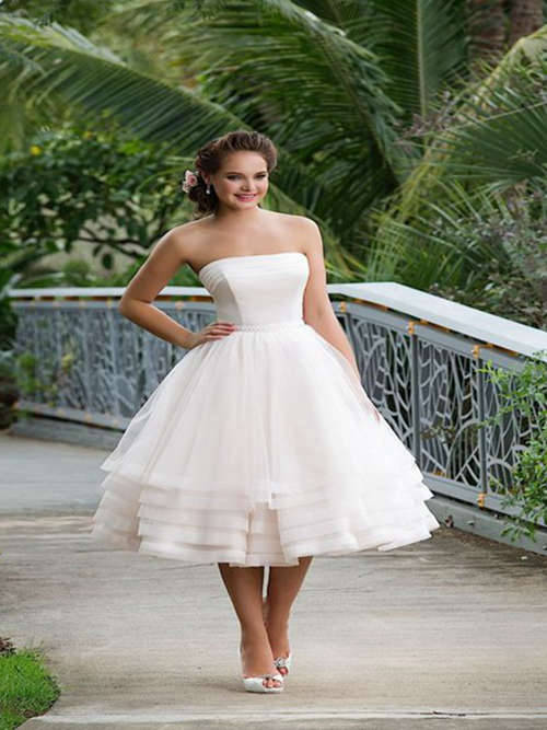 Princess Strapless Tea Length Organza Bridal Dress