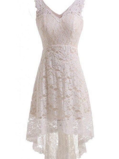 A-line V Neck Lace High Low Bridal Dress