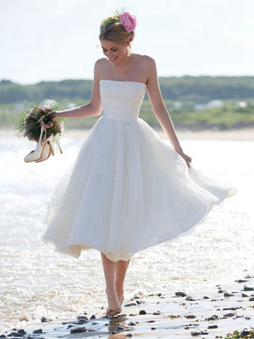 A-line Strapless Chiffon Tea Length Wedding Dress