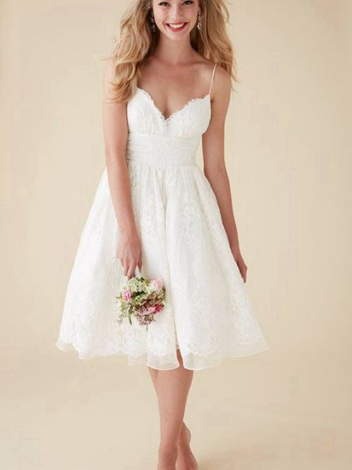 A-line Spaghetti Straps Lace Knee Length Bridal Dress