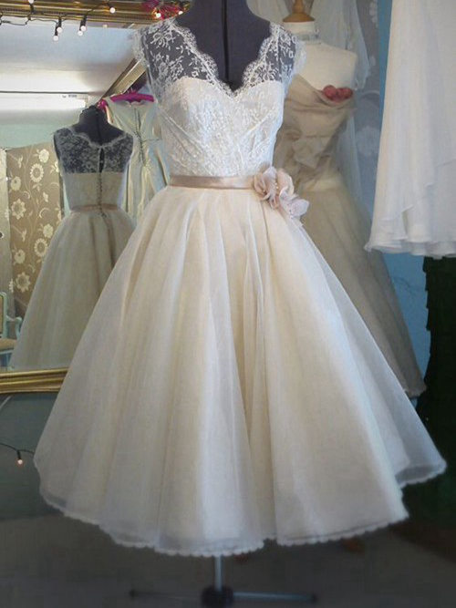 A-line V Neck Organza Lace Tea Length Wedding Dress