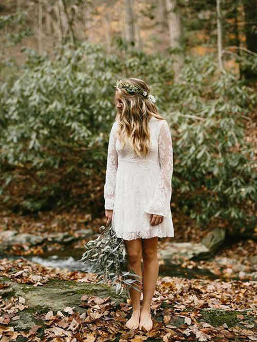 A-line Long Sleeves Lace Short Bridal Dress