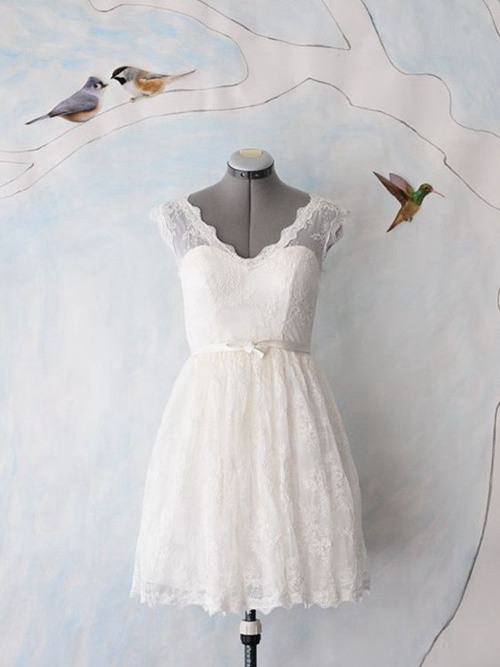 A-line V Neck Lace Knee Length Wedding Dress