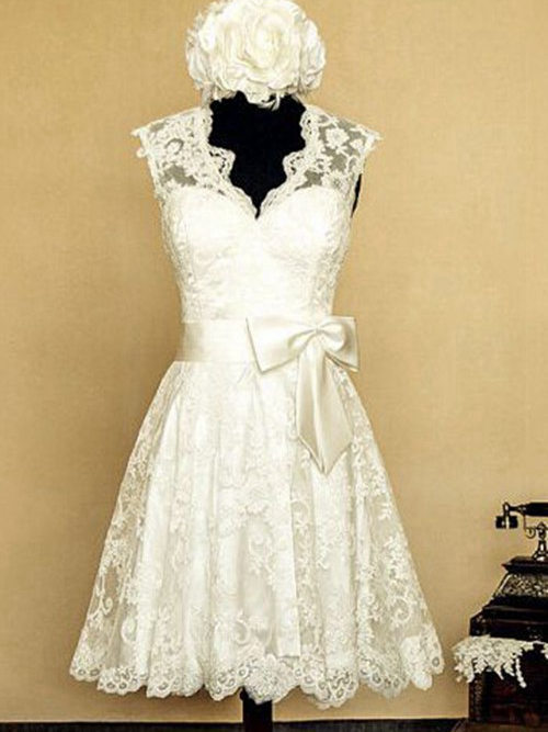 A-line V Neck Lace Knee Length Bridal Dress