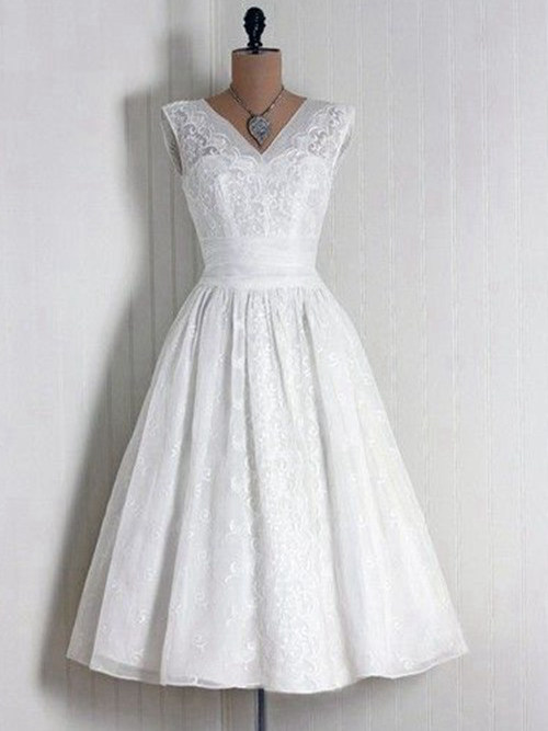 A-line V Neck Tea Length Lace Wedding Dress