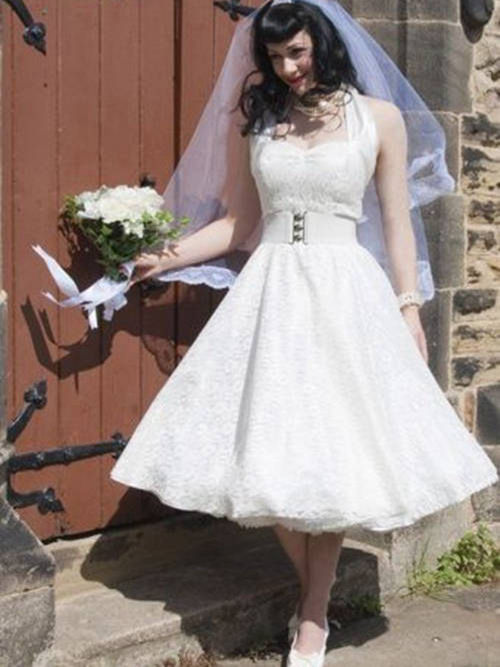 Princess Straps Tea Length Lace Wedding Dress