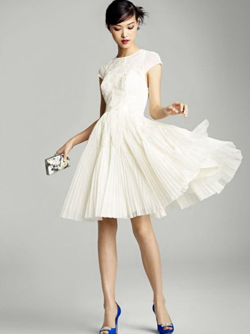 A-line Jewel Knee Length Chiffon Wedding Dress