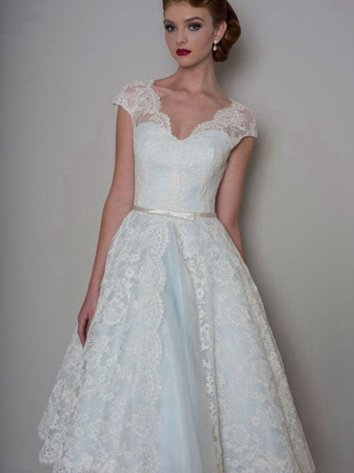 A-line V Neck Tea Length Lace Bridal Dress
