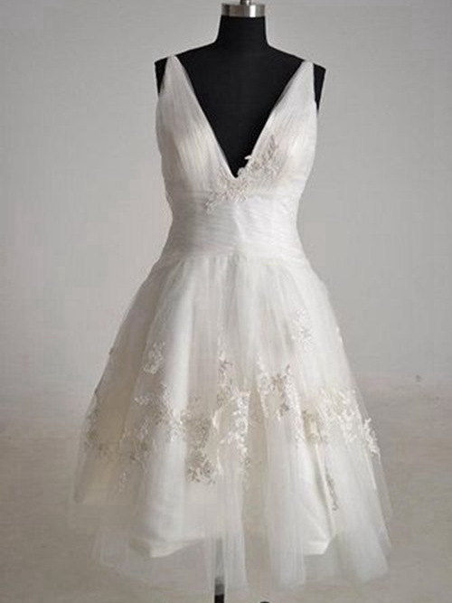 A-line V Neck Knee Length Tulle Wedding Dress