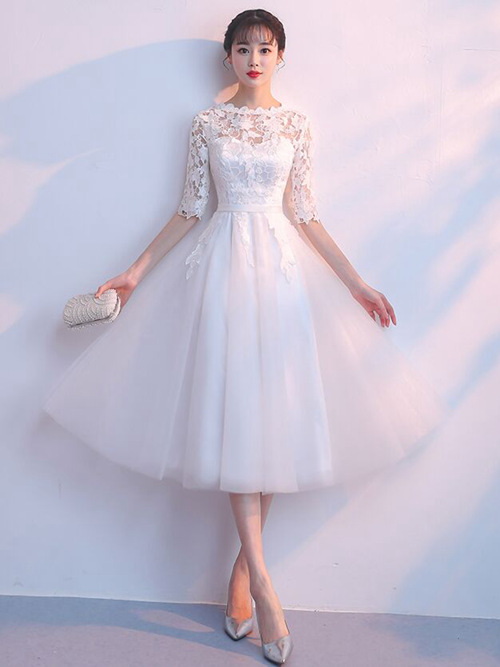 Princess Lace Sleeves Tulle Short Wedding Dress