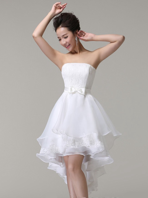 A-line Strapless Organza High Low Wedding Dress Applique