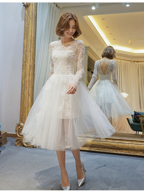 Princess Lace Sleeves Tulle Tea Length Wedding Dress