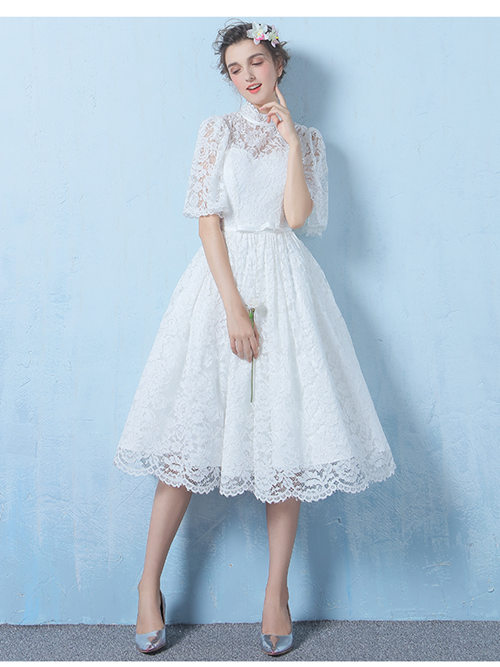 A-line High Neck Lace Sleeves Short Wedding Dress