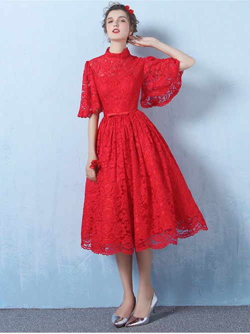 A-line High Neck Lace Sleeves Red Short Wedding Dress