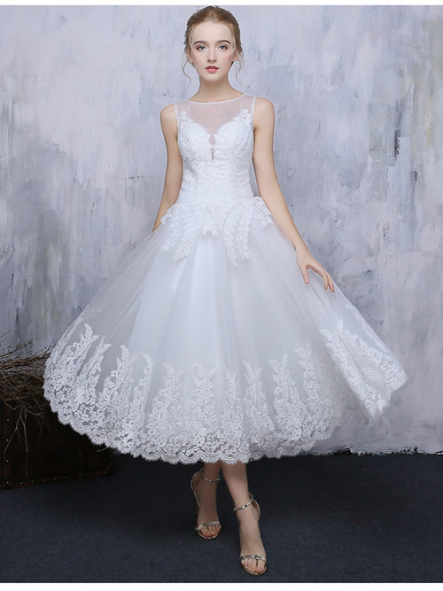 Princess Sheer Tulle Tea Length Bridal Dress Applique
