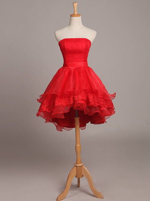 Ball Gown Strapless Organza Red Short Wedding Wear Applique