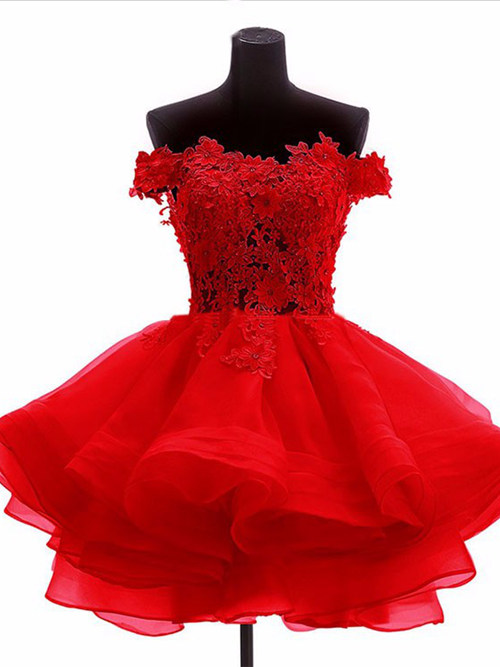 Ball Gown Off Shoulder Red Organza Short Wedding Dress Applique