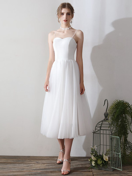 A-line Spaghetti Straps Tulle Tea Length Bridal Dress