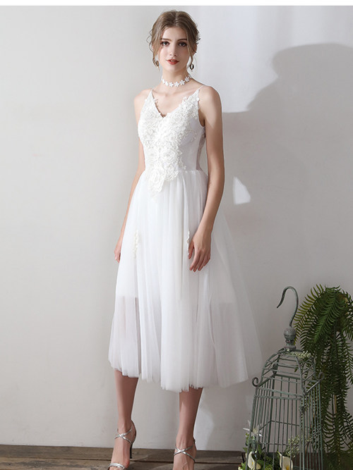 A-line V Neck Tulle Tea Length Bridal Dress Applique