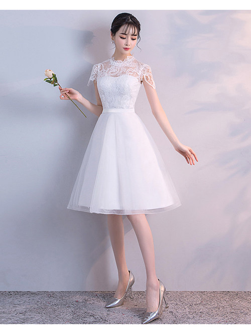 A-line Jewel Satin Tulle Lace Short Wedding Dress