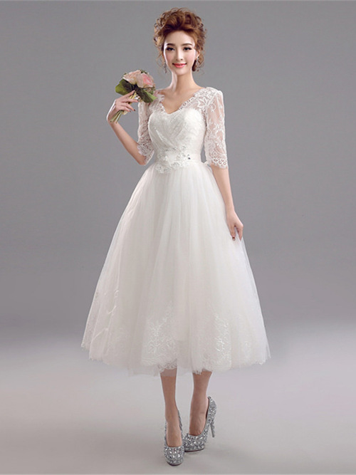 A-line V Neck Tulle Lace Sleeves Tea Length Bridal Dress