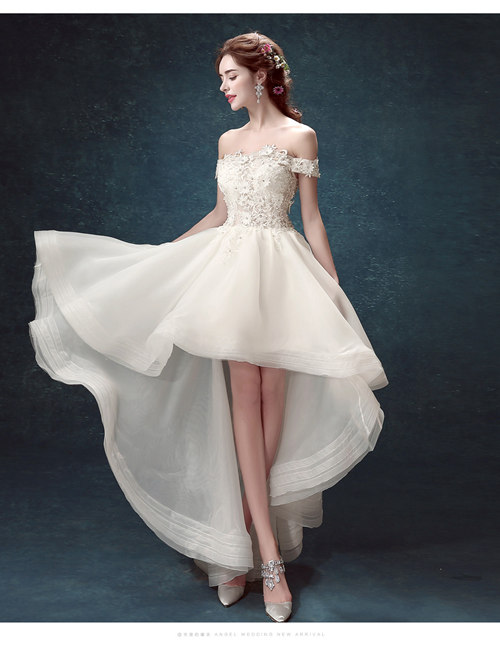 A-line Off Shoulder Organza High Low Wedding Dress Applique