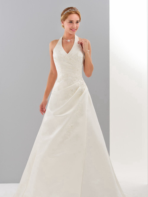 A-line Halter Sweep Train Satin Traditional Bridal Gown With App