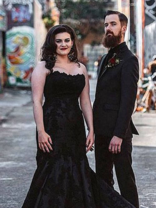 Black Wedding Dresses Bridal Gowns Long Sleeves Lace Applique V Neck Plus  size | eBay