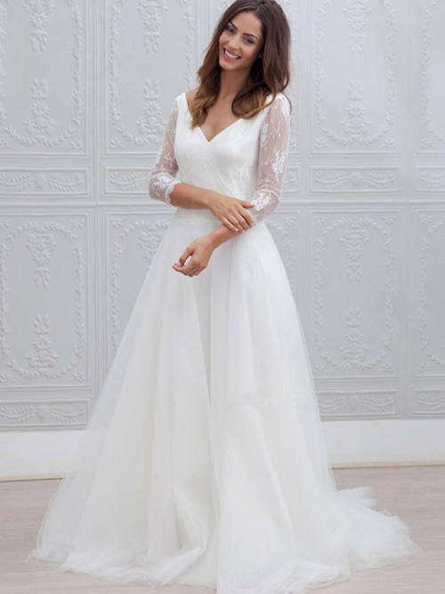 A-line V Neck Sweep Train Tulle Long Sleeves Wedding Dress