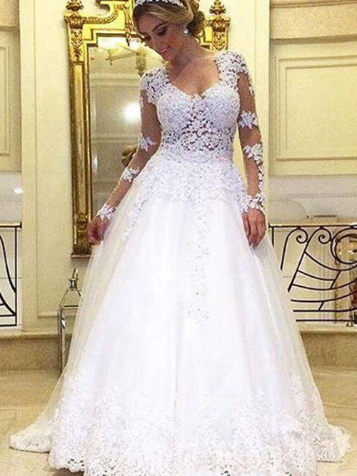 A-line Straps Brush Train Lace Wedding Dress