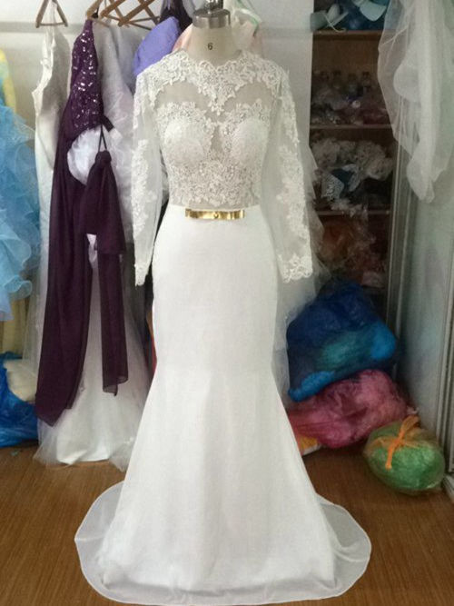 Mermaid Jewel Brush Train Lace Chiffon Long Sleeves Wedding Gown
