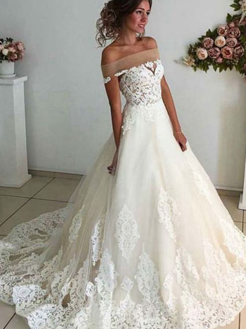 A-line Off Shoulder Brush Train Organza Wedding Gown Applique