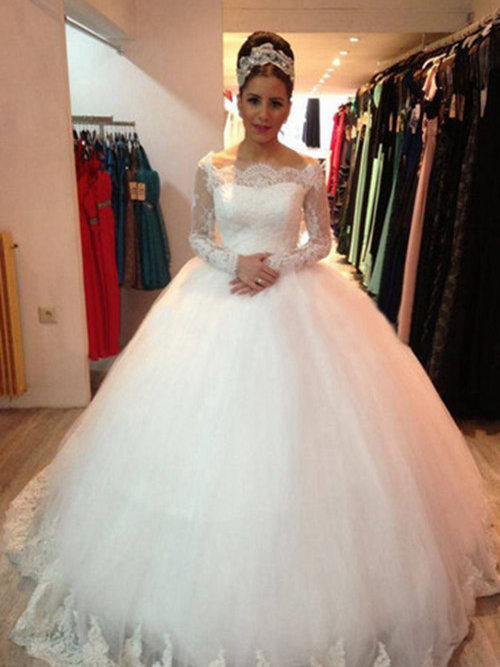 Ball Gown Off Shoulder Court Train Organza Lace Bridal Wear