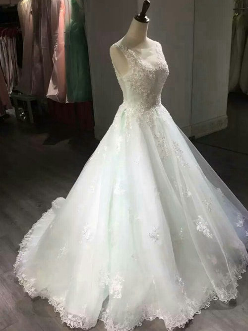 A-line V Neck Brush Train Organza Wedding Dress Applique