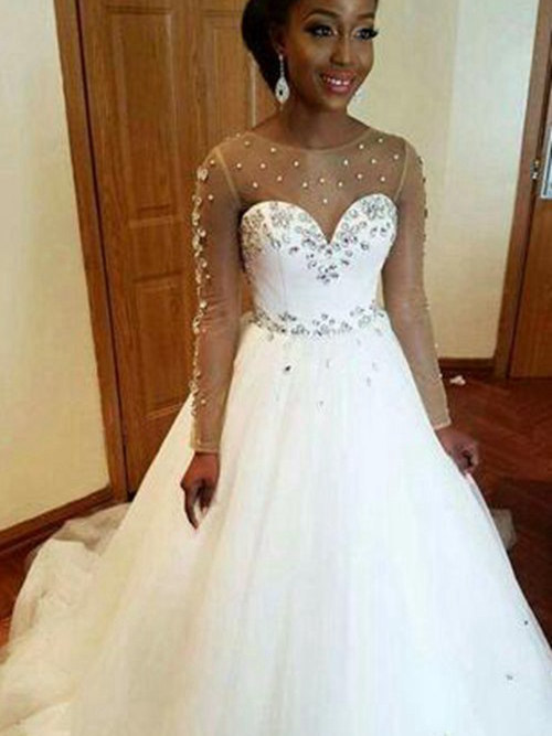 A-line Sheer Court Train Chiffon Bridal Gown Beading