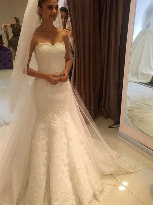 Mermaid Sweetheart Court Train Lace Bridal Gown Beading