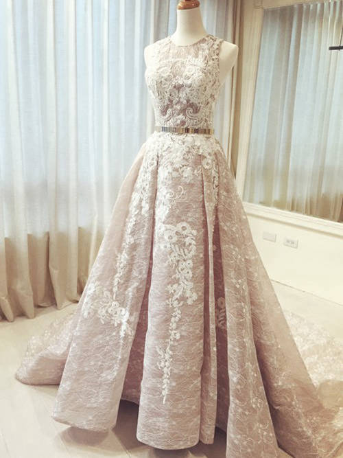 A-line Jewel Court Train Lace Wedding Gown Applique
